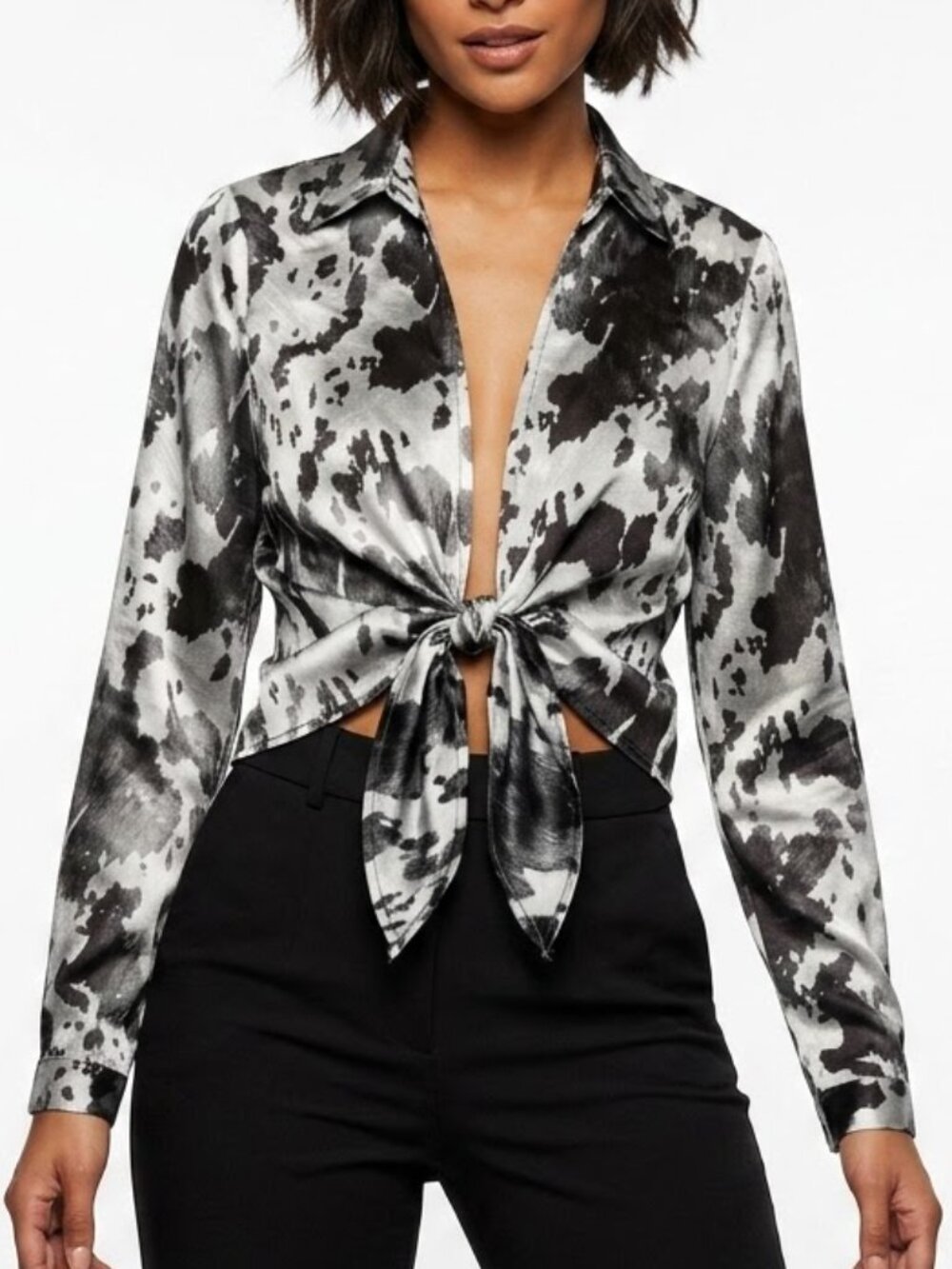 Blue B Collection Cow Print Satin Tie-Front Top Small Western Gothic Y2K Blouse